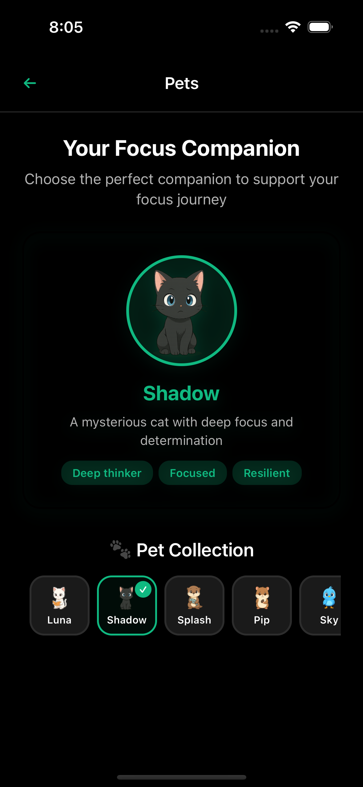 Pet Selection screen